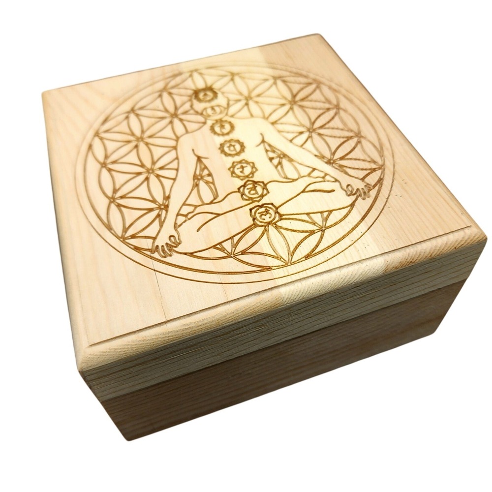 Engraved Wooden‎ Keepsake Box Flower of Life Chakra Meditation Storage